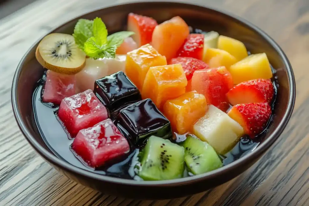 Anmitsu Japanese dessert with agar jelly and fresh fruit.