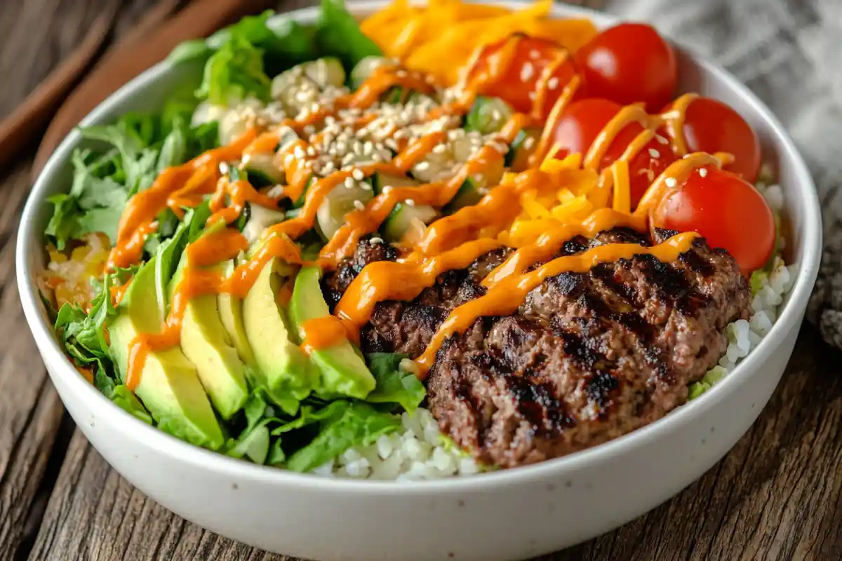 Vibrant and appetizing burger bowl on a wooden table