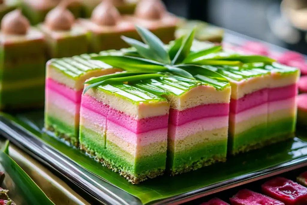 Thai layered desserts with vibrant green and pink hues.