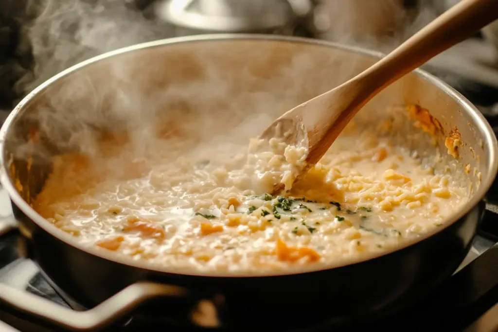 Cheese melting into rice on a stovetop with steam rising