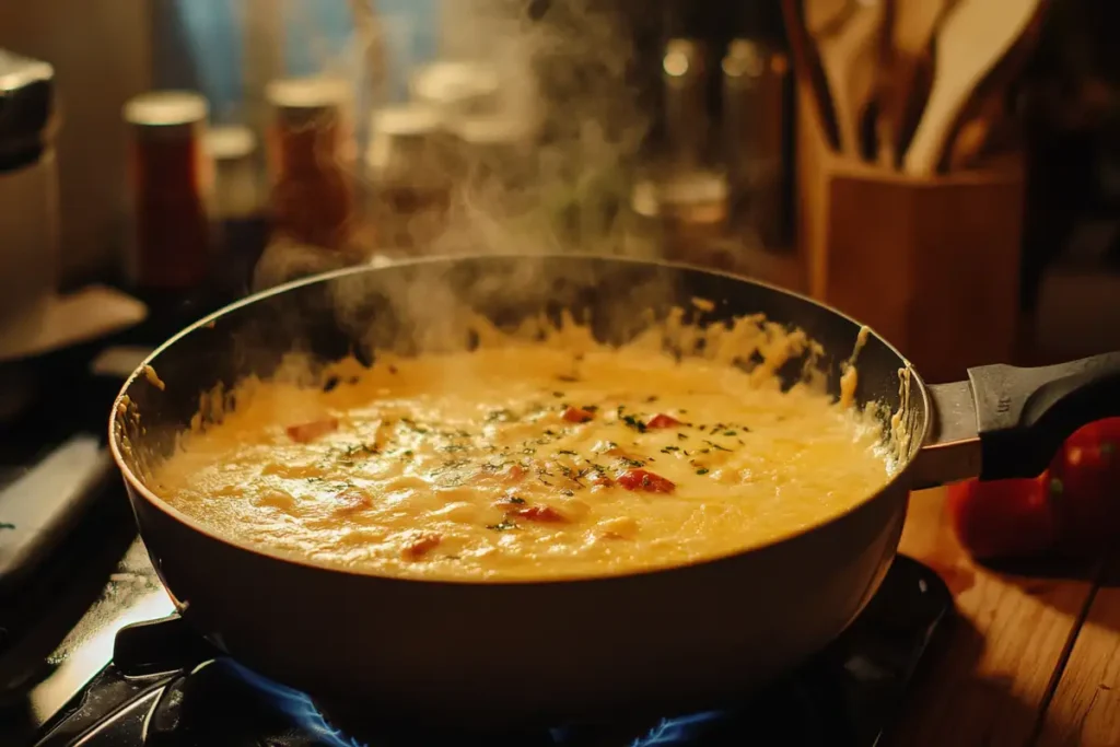 Cooking Chipotle queso on a stovetop with visible ingredients.