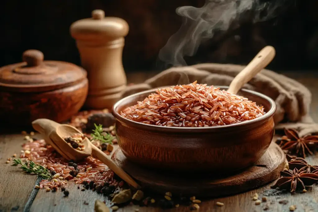 Red rice simmering in a pot with steam.