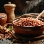 Red rice simmering in a pot with steam.