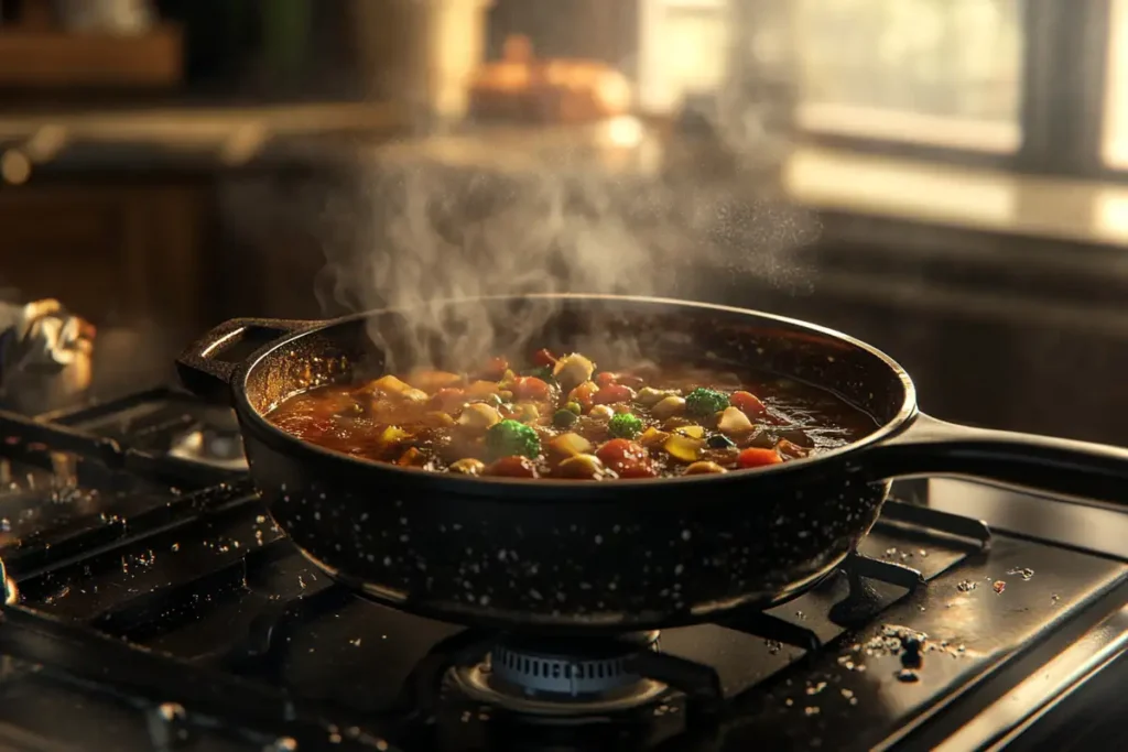 Cocotte pan on a gas stove with bubbling stew and a cozy kitchen ambiance.