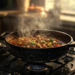 Cocotte pan on a gas stove with bubbling stew and a cozy kitchen ambiance.