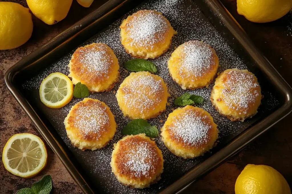 Lemon bars with cottage cheese filling, dusted with powdered sugar