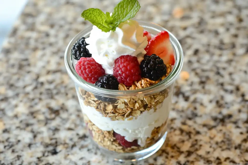 Cottage cheese parfait with berries and granola.