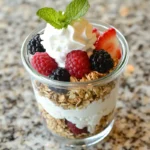 Cottage cheese parfait with berries and granola.