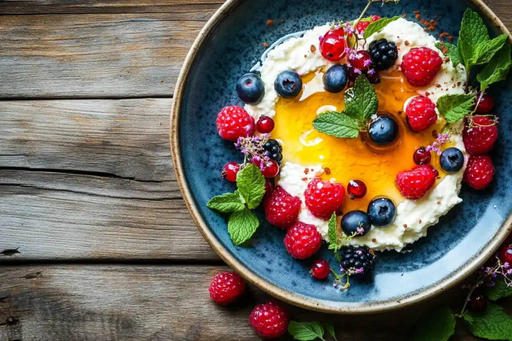 Cottage cheese cheesecake with berries and honey.