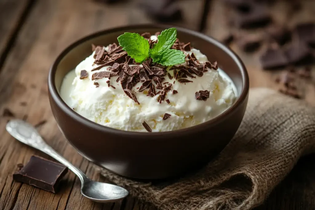 Cottage cheese ice cream garnished with chocolate and mint.