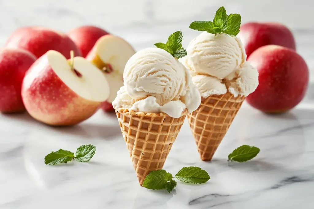 Custard apple ice cream in a waffle cone garnished with fresh mint.