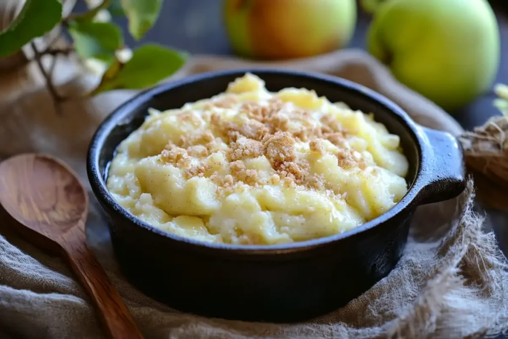 Warm custard apple crumble served in a skillet with caramel drizzle.