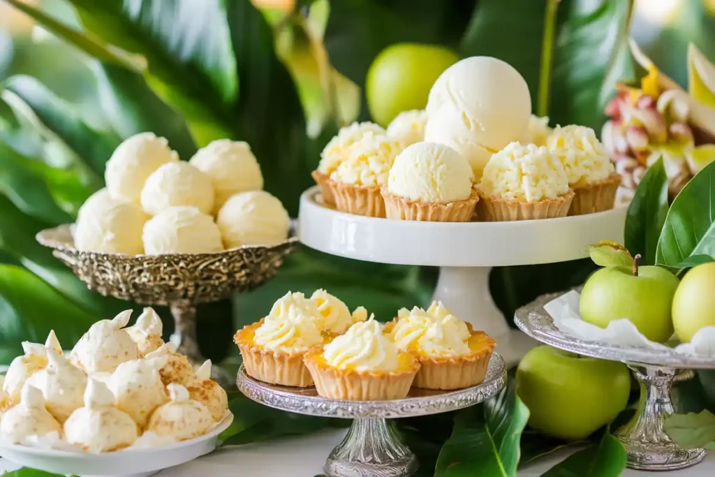 A dessert table showcasing custard apple desserts, including pudding, tarts, and ice cream, surrounded by fresh custard apples.