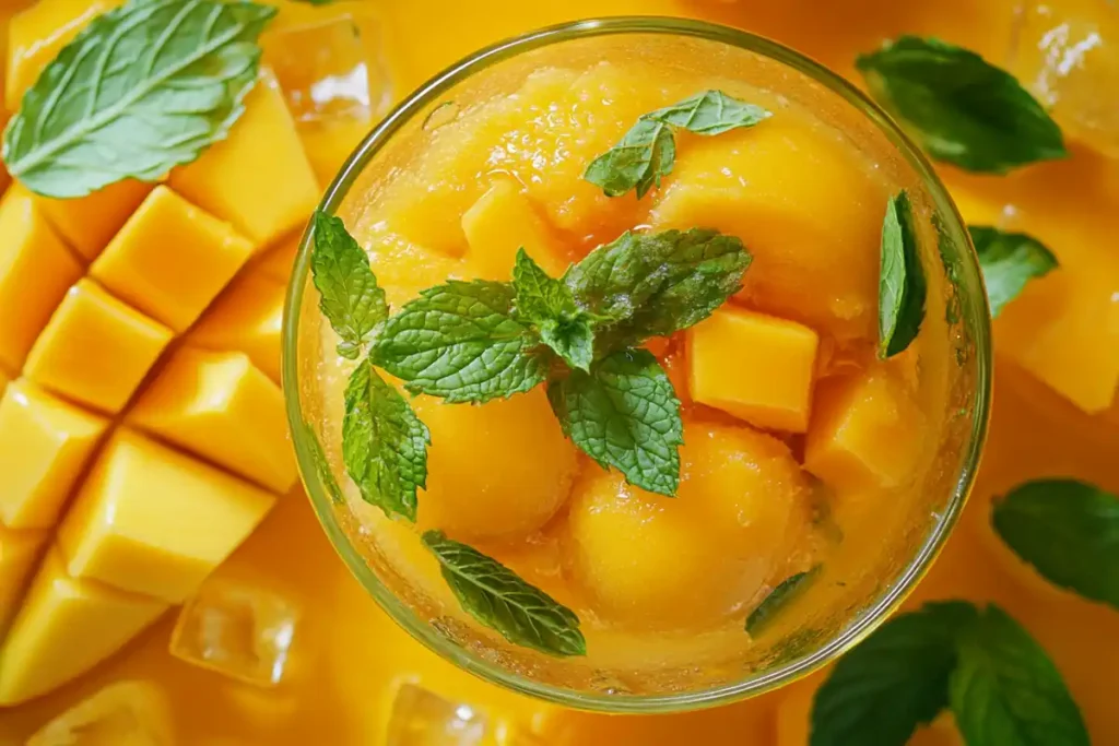 Bright and refreshing mango sorbet with mint garnish.