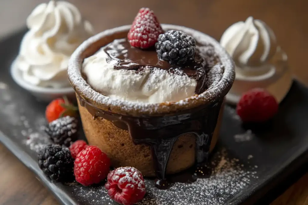 Chocolate lava cake in a mini cocotte, garnished with berries and powdered sugar.