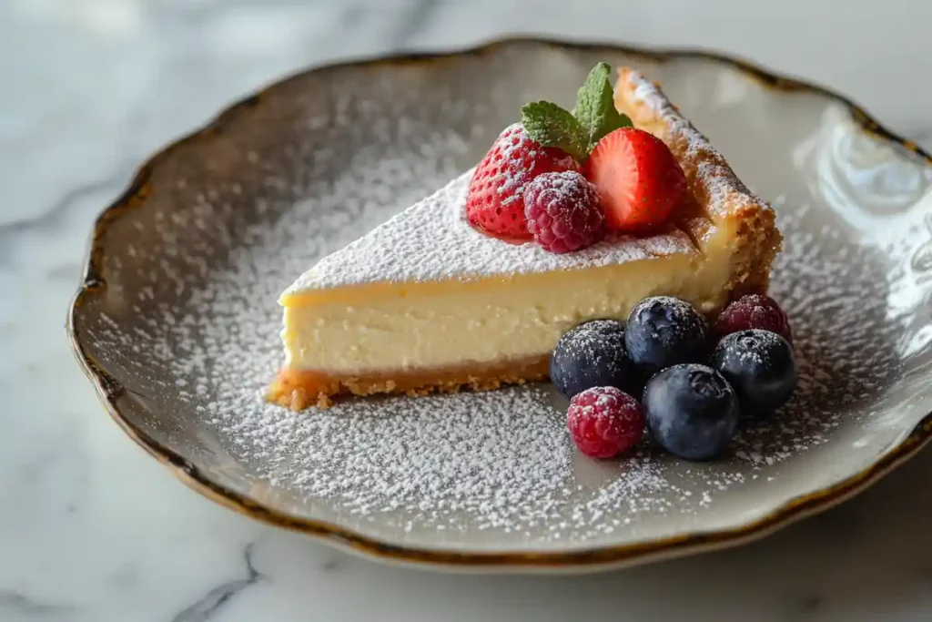 A slice of ricotta cheesecake with fresh berries.