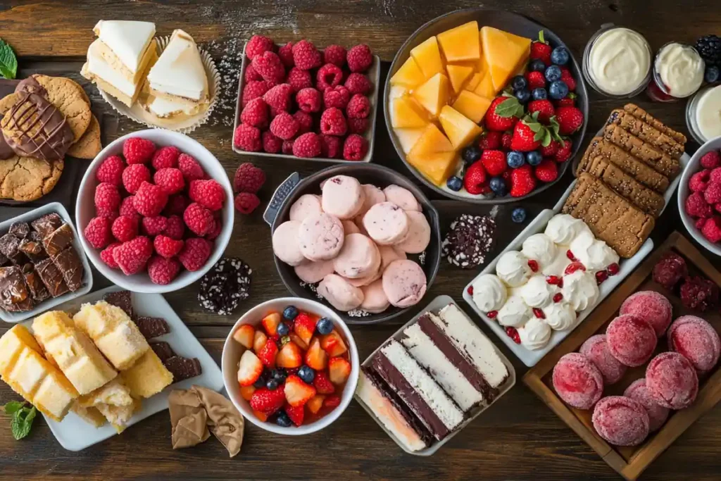 AIP desserts spread featuring fruit, cookies, and cakes.