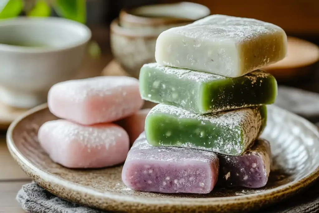 Japanese desserts including matcha mochi, pastel-colored mochi, and dorayaki on a ceramic plate.