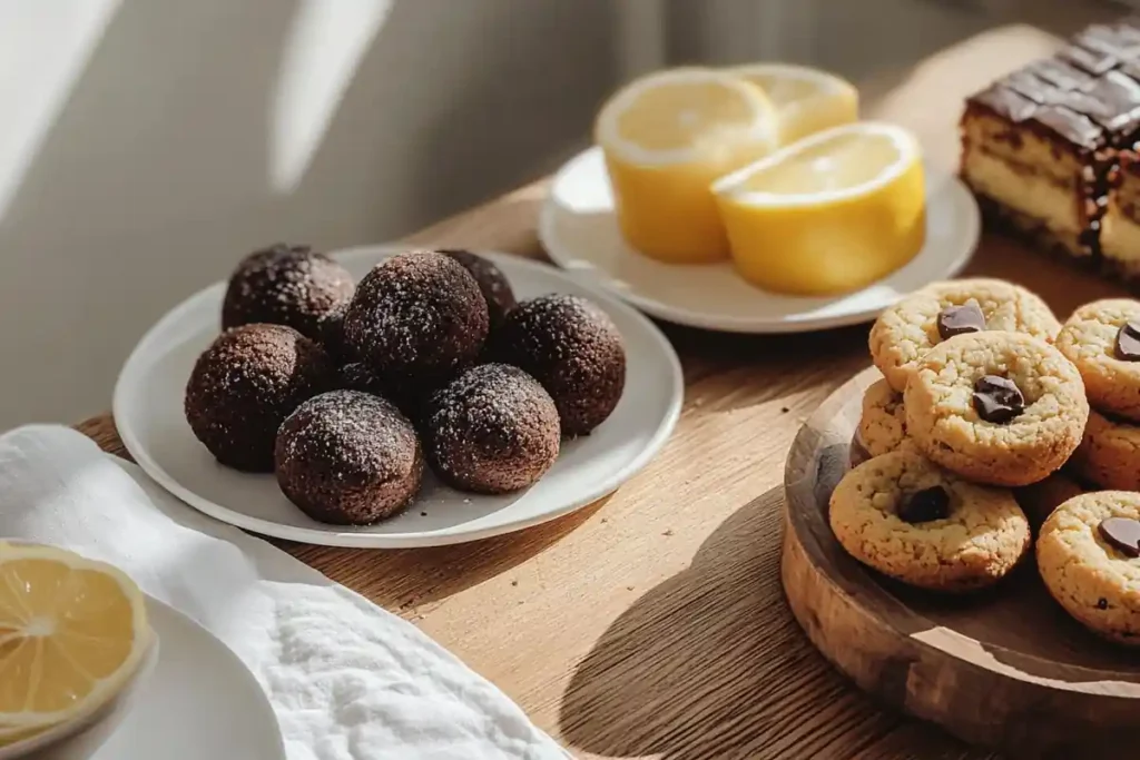 A dessert table featuring cookies, protein balls, and lemon pound cake slices.