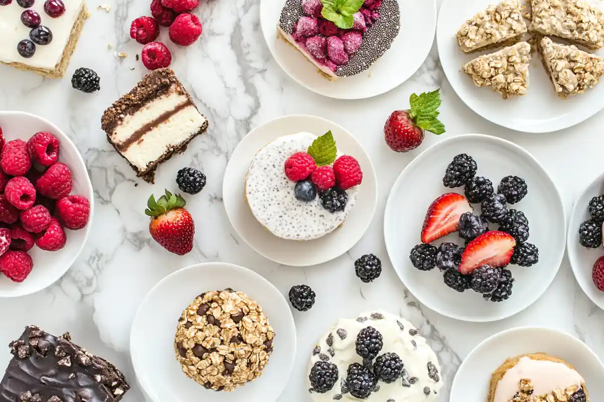 Flat lay of diabetic-friendly desserts including cheesecakes, cookies, and chia pudding on a marble background