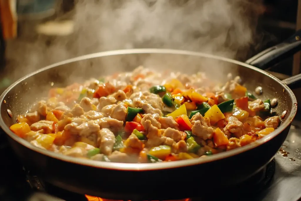 Diced chicken stir-fried with vegetables in a sizzling pan.