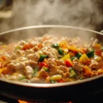 Diced chicken stir-fried with vegetables in a sizzling pan.