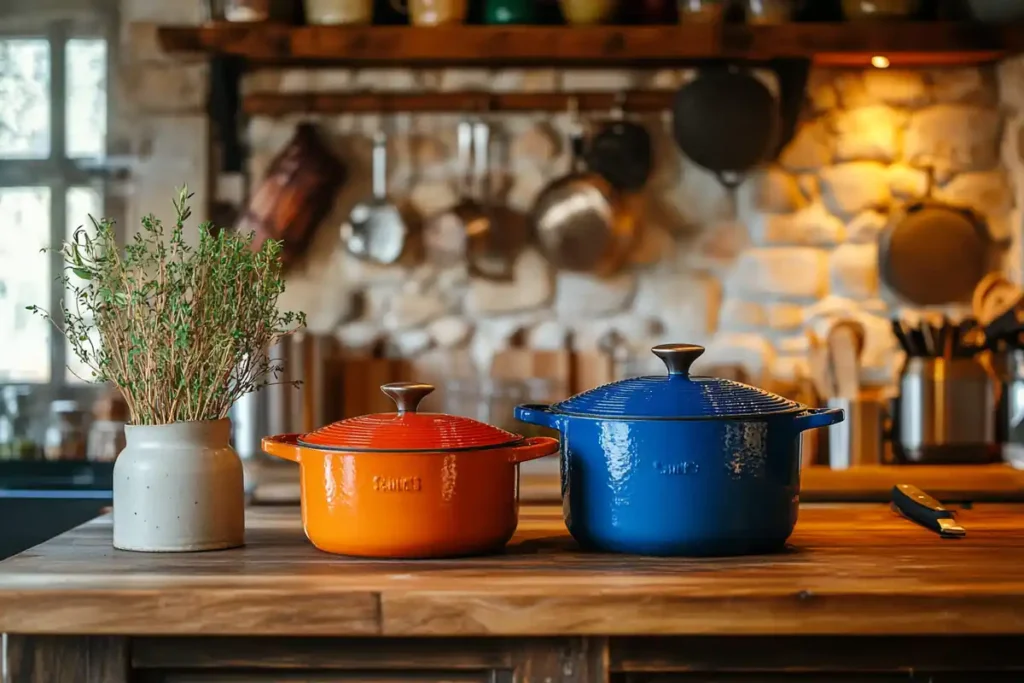 A Dutch oven and a cocotte placed on a wooden countertop in a well-lit kitchen.