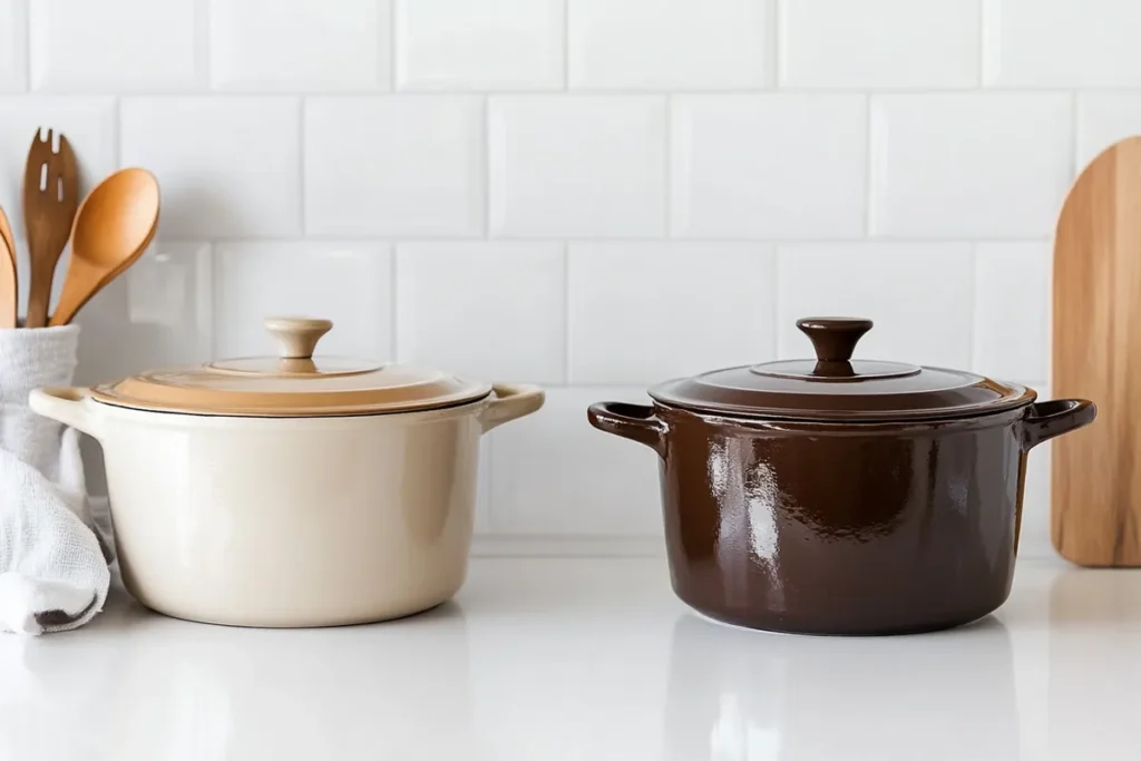 Side-by-side Dutch oven and cocotte comparison with labels on a clean surface.