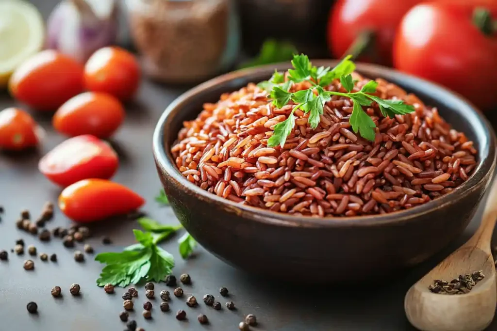 A bowl of red rice garnished with fresh herbs.