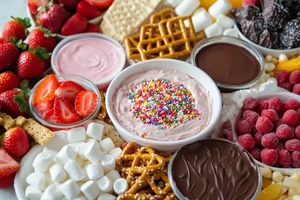 An assortment of dessert dips on a colorful platter with dippers.