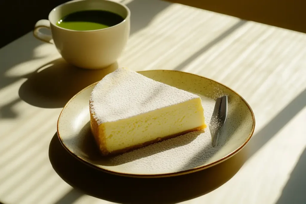 Fluffy Japanese cheesecake with powdered sugar and matcha tea.