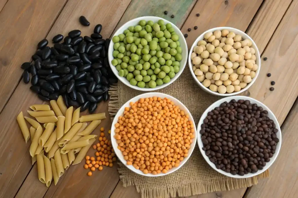 Four types of bean-based pasta arranged side by side.