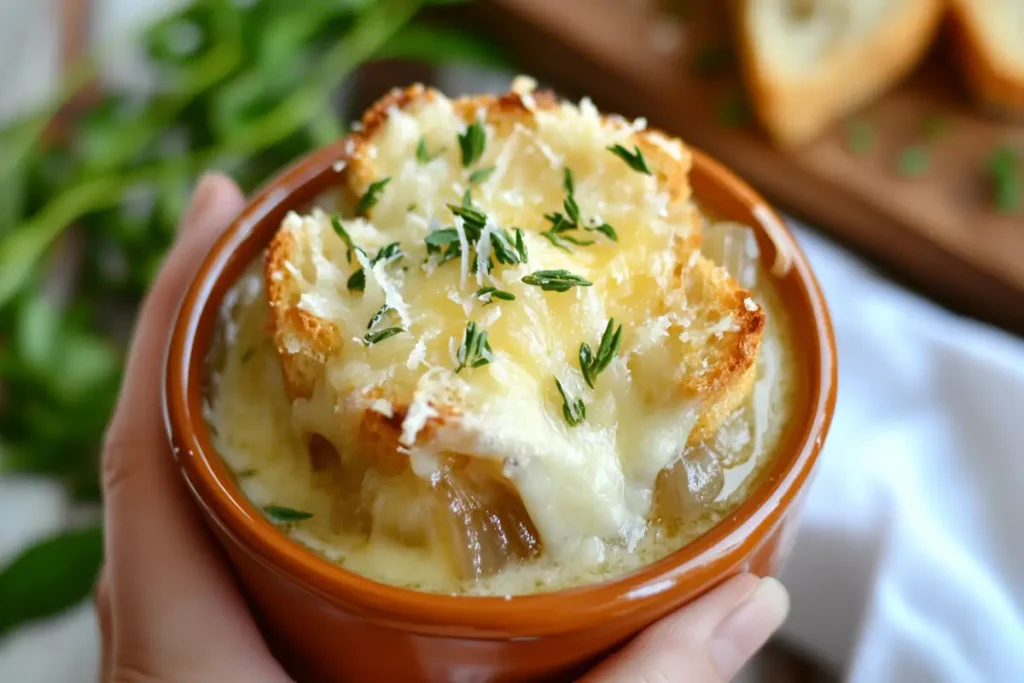 Mini cocotte with French onion soup topped with melted cheese.