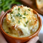 Mini cocotte with French onion soup topped with melted cheese.