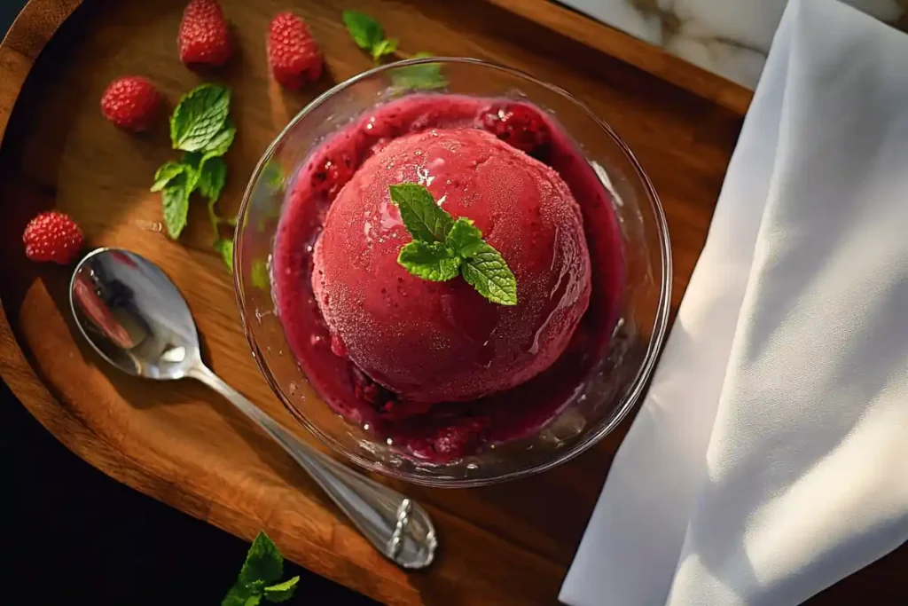 Fresh berry sorbet in a glass bowl, a perfect summer low salt dessert.