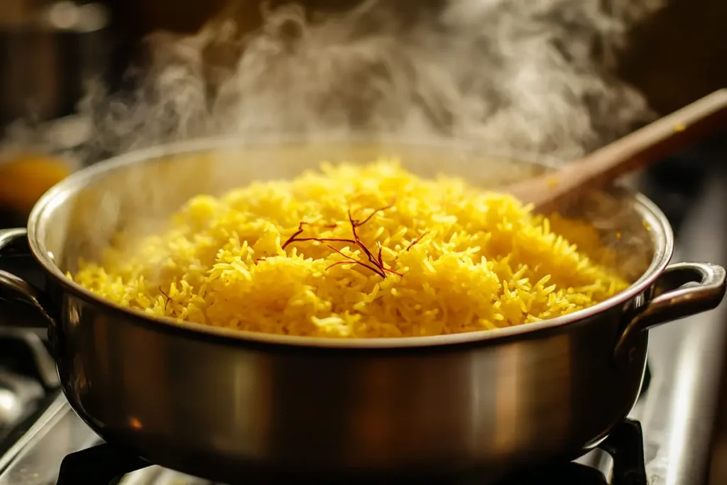 Steaming pot of saffron rice fresh off the stove.