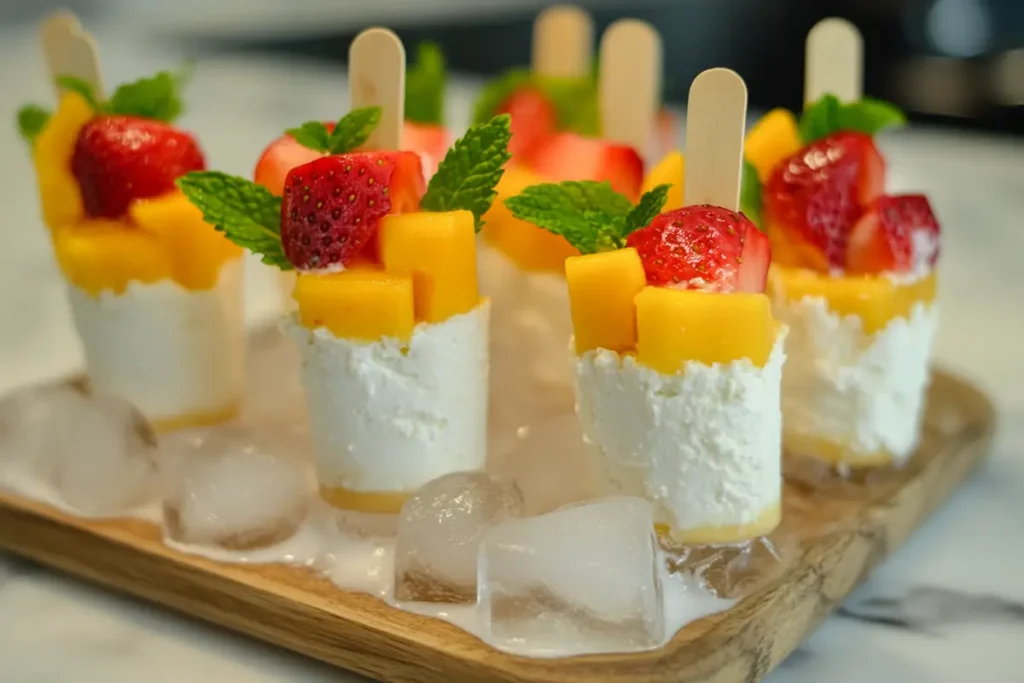 Cottage cheese popsicles with mango and strawberries on a marble surface.