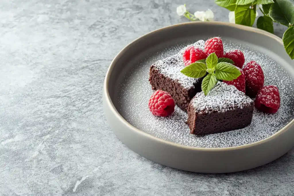 Flourless chocolate cake with powdered sugar and raspberries.