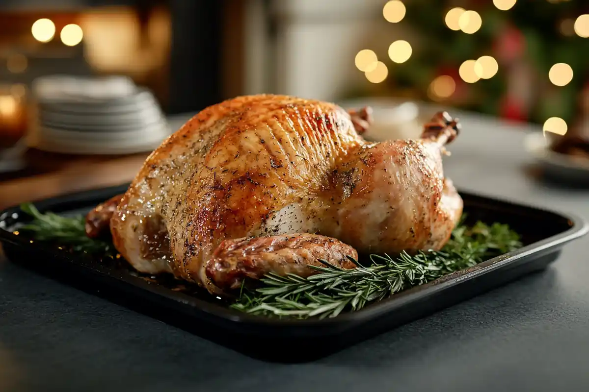 Perfectly roasted turkey with golden-brown skin on a festive holiday table.