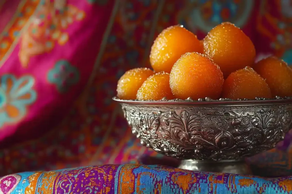 Gulab jamun in a traditional silver bowl.