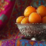 Gulab jamun in a traditional silver bowl.