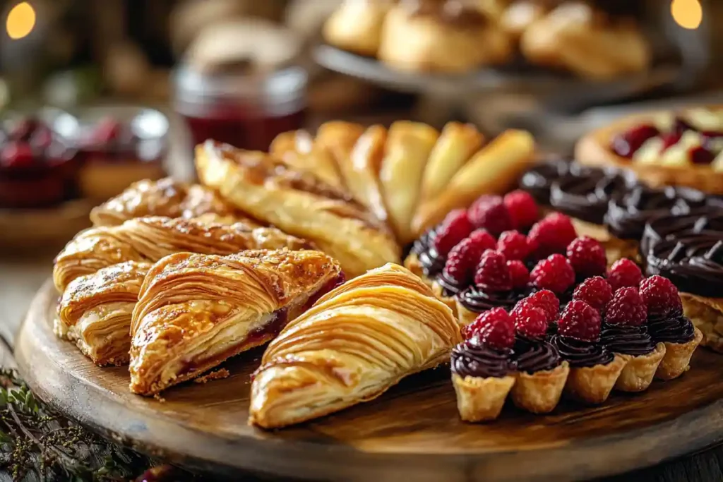 A platter of golden puff pastry desserts with apple turnovers, berry tarts, and chocolate-filled pastries.