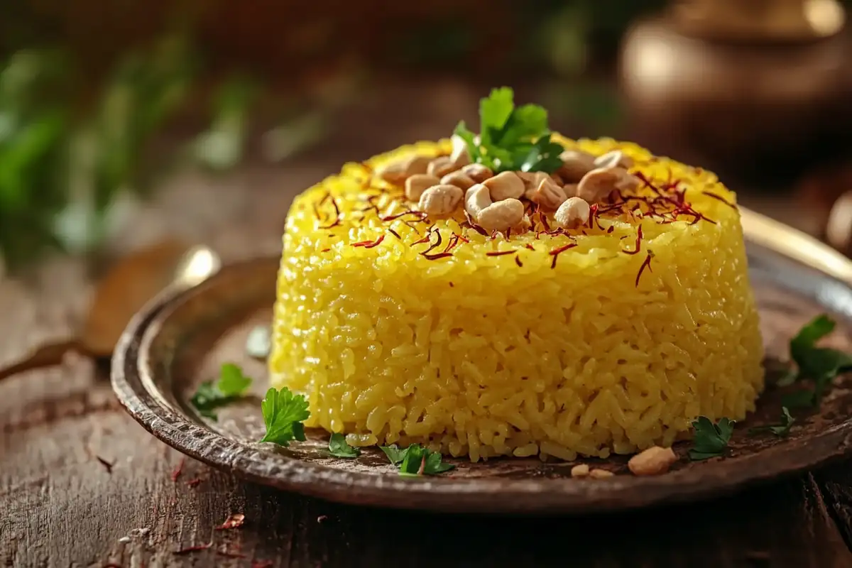 Perfectly cooked golden saffron rice garnished with nuts and herbs.