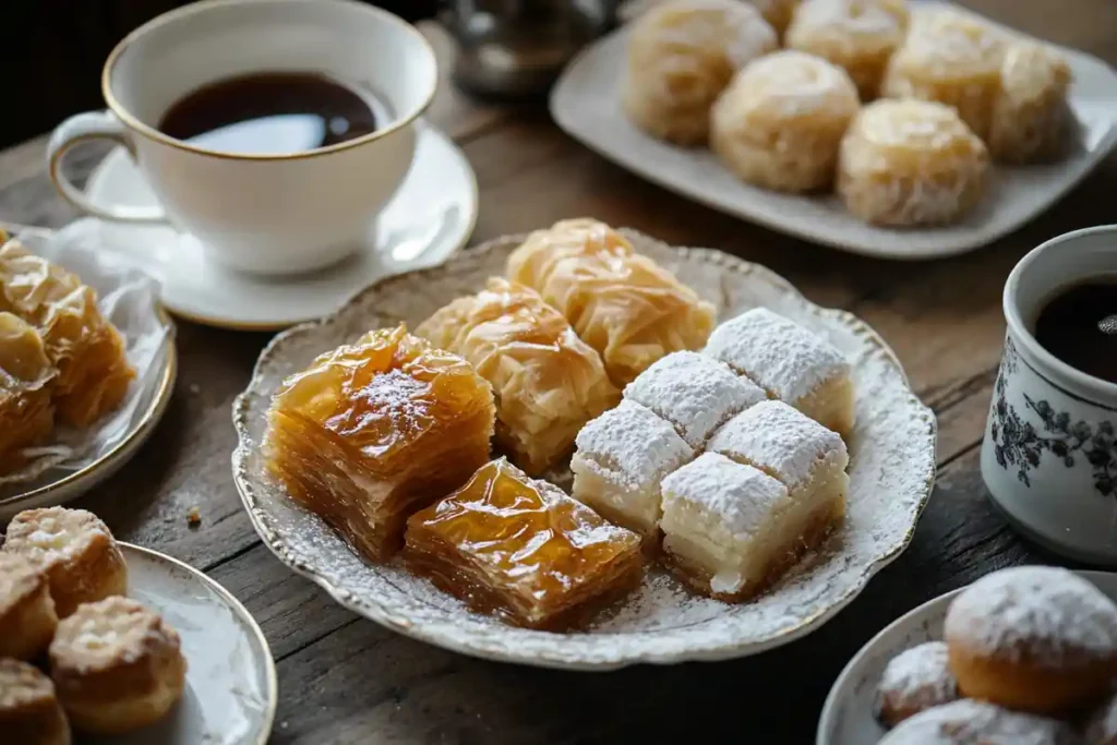 Greek desserts featuring baklava, loukoumades, and halva.