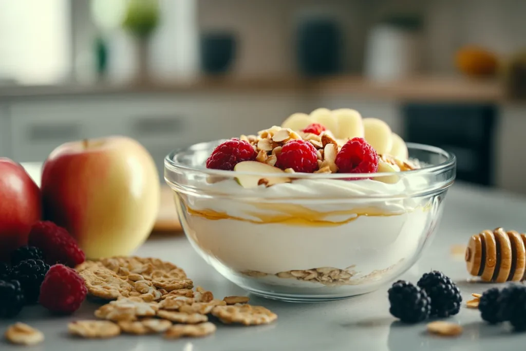 Healthy Greek yogurt and honey dip with fruits.