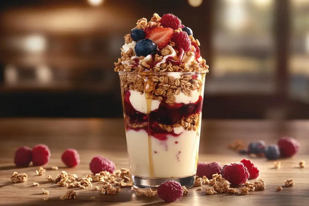 Greek yogurt parfait layered with granola and fresh berries.