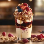 Greek yogurt parfait layered with granola and fresh berries.