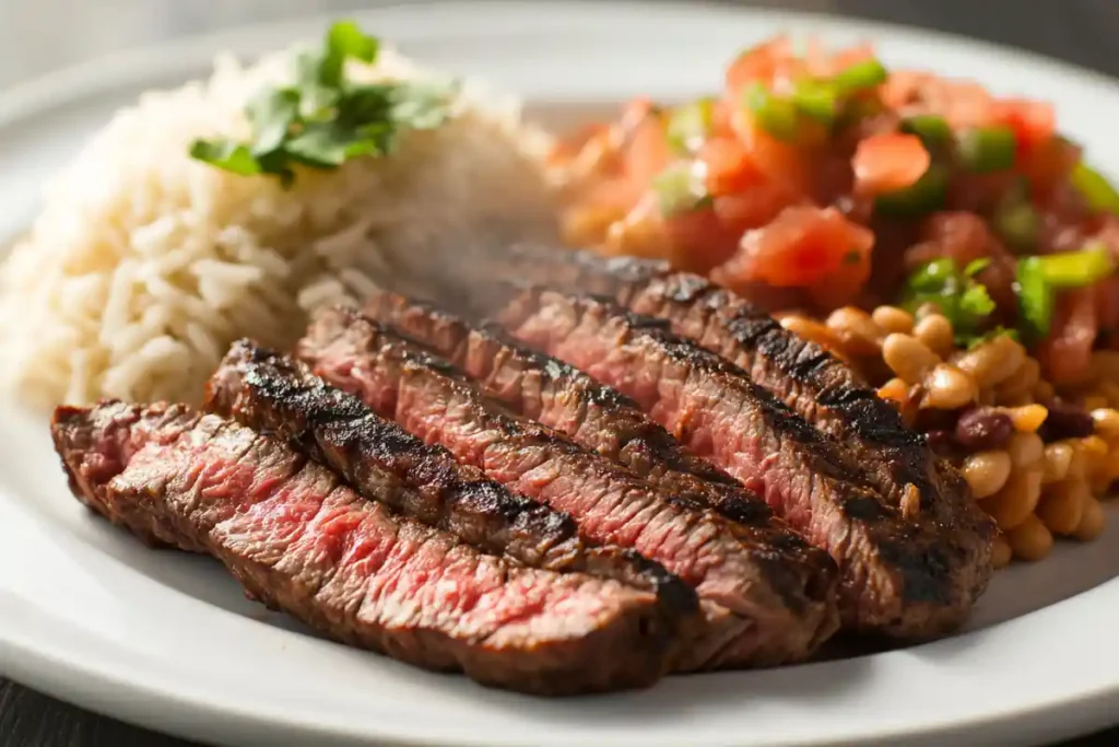 Sliced grilled Chipotle steak served with rice, beans, and salsa.