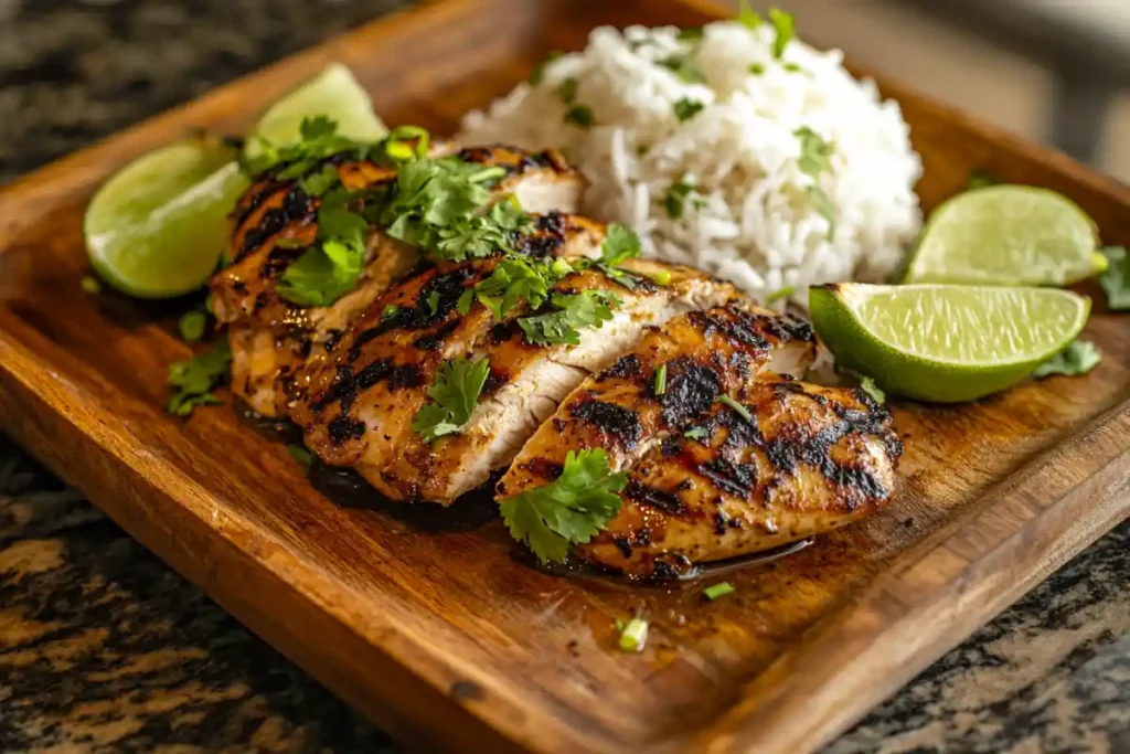 Grilled pollo asado served with lime and cilantro.