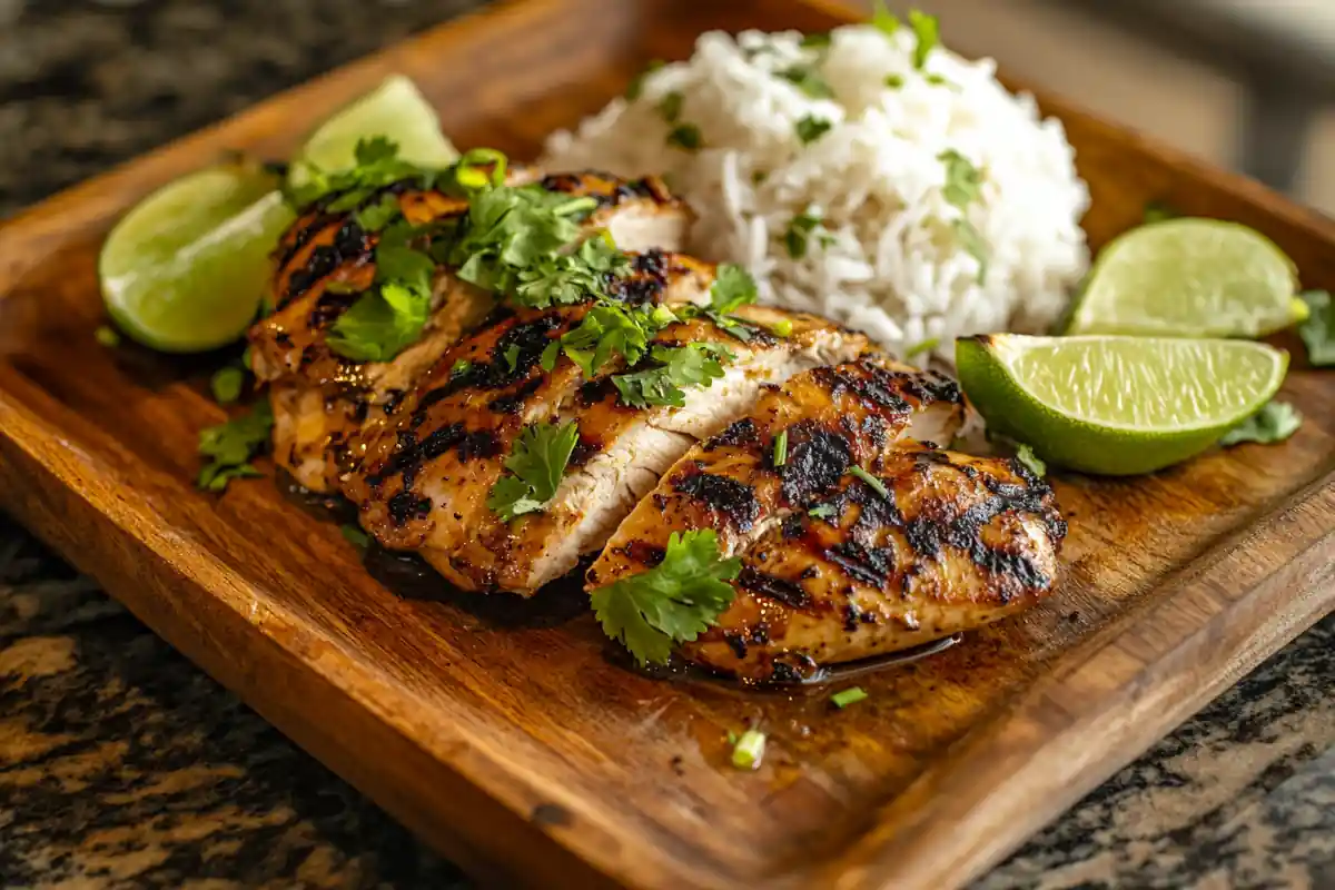 Grilled pollo asado served with lime and cilantro.